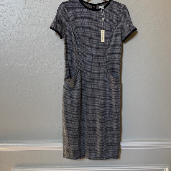 Maxstudio Dresses & Skirts - Max studio Plaid Midi Sheath Dress with Contrast leather Trim - Black & White